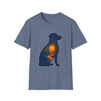 Sunset Dog Silhouette Nature Forest Adventure Unisex Softstyle T-Shirt | Perfect Gift for Pet Lovers, Nature Enthusiasts, Summer Wear, Gift for Dog Owners.