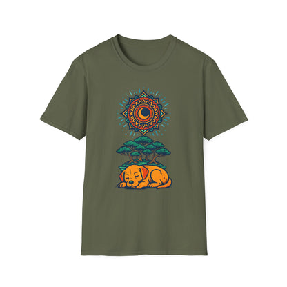 Zen Sleeping Dog T-Shirt with Bonsai and Mandala Art, Cozy Summer Shirt, Casual Wear, Gift for Dog Lovers, Unique Unisex T-Shirt