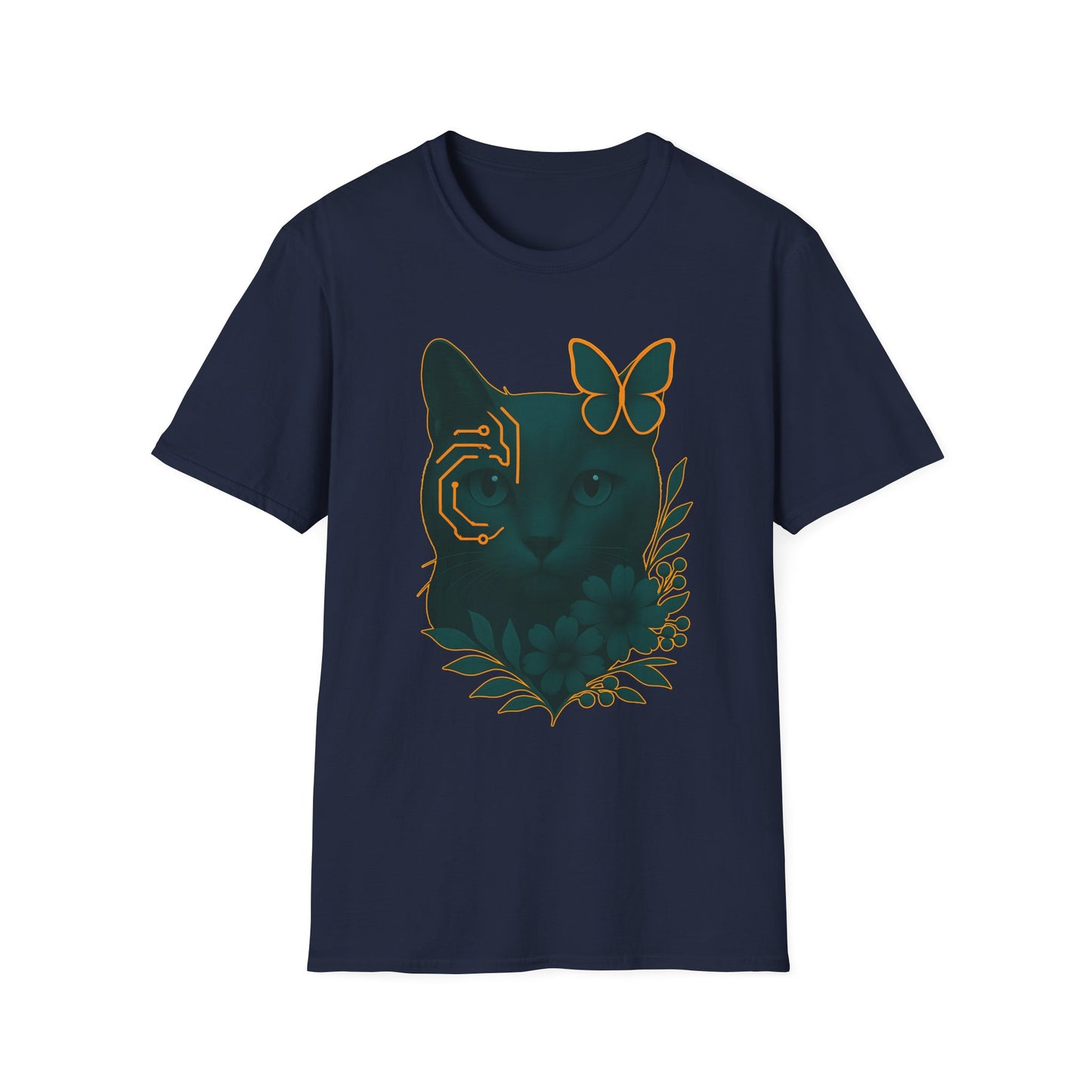 Cyber Floral Cat T-Shirt – Futuristic Cat Lover Tee, Nature Inspired Tee, Animal Print Shirt, Butterfly Art Design