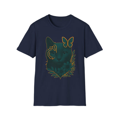 Cyber Floral Cat T-Shirt – Futuristic Cat Lover Tee, Nature Inspired Tee, Animal Print Shirt, Butterfly Art Design