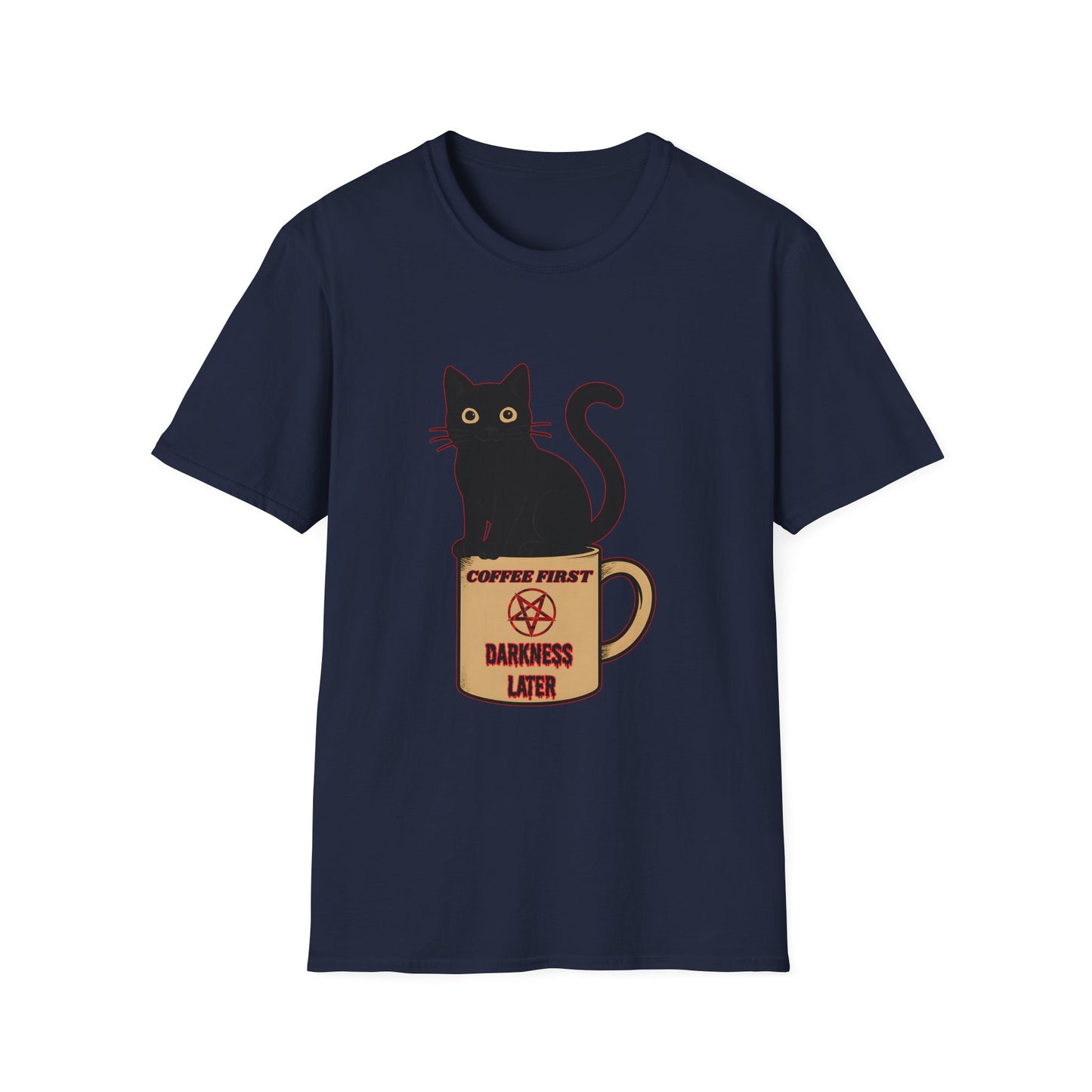 Coffee First, Darkness Later Cat T-Shirt, Unisex Tee for Cat Lovers, Perfect Gift for Halloween, Casual Wear, Comfortable Cotton Tee