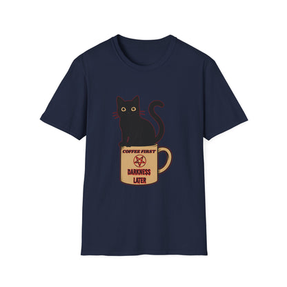 Coffee First, Darkness Later Cat T-Shirt, Unisex Tee for Cat Lovers, Perfect Gift for Halloween, Casual Wear, Comfortable Cotton Tee