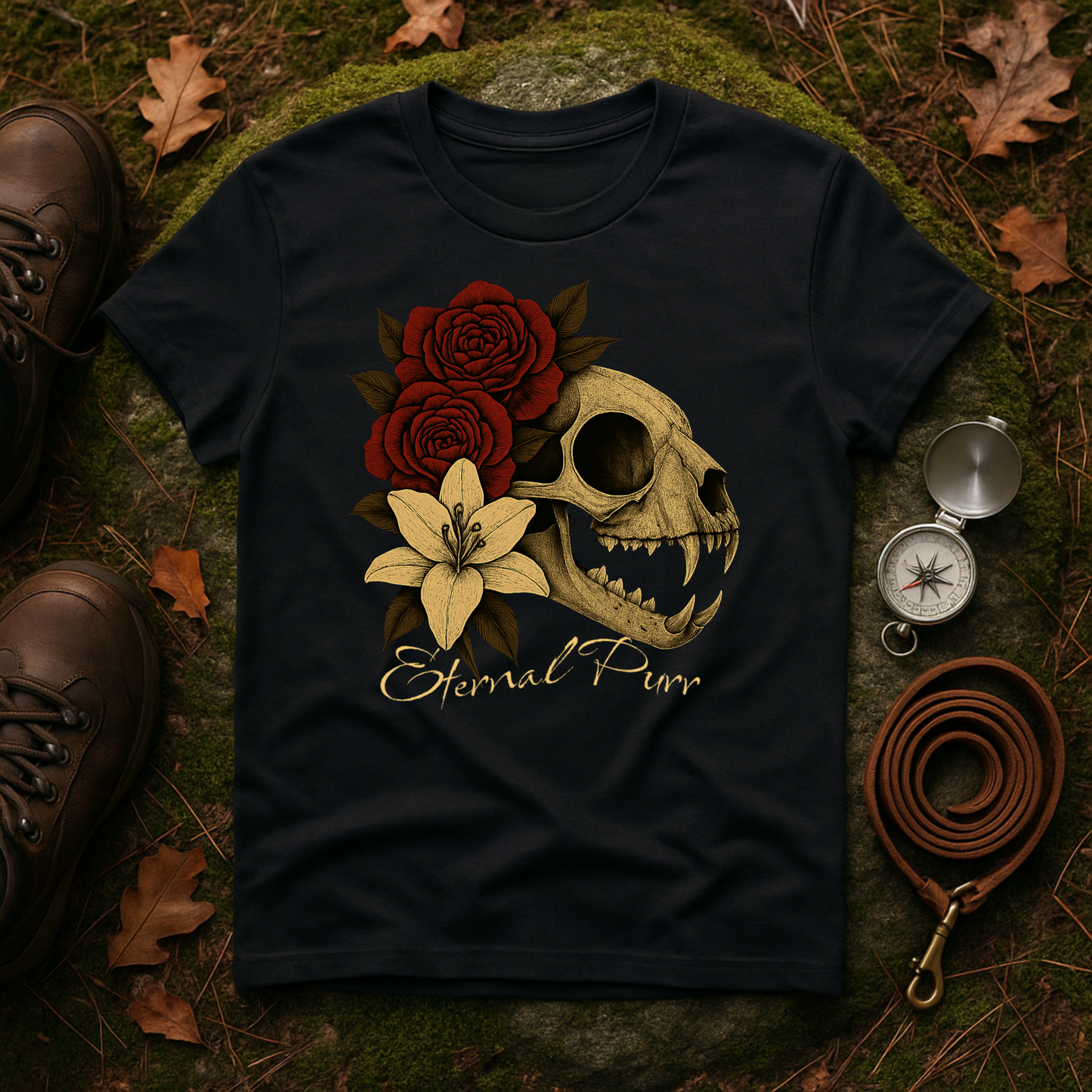 Eternal Purr Cat Skull Gothic Floral T-Shirt
