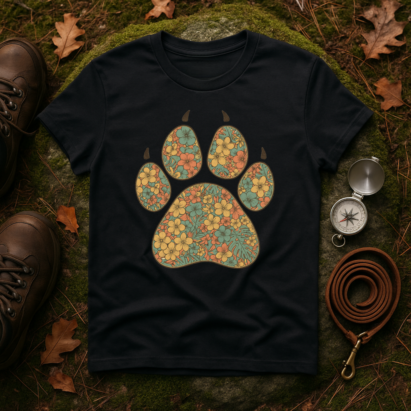 Vintage Tropical Floral Paw Print T-Shirt | Dog Lover Graphic Tee