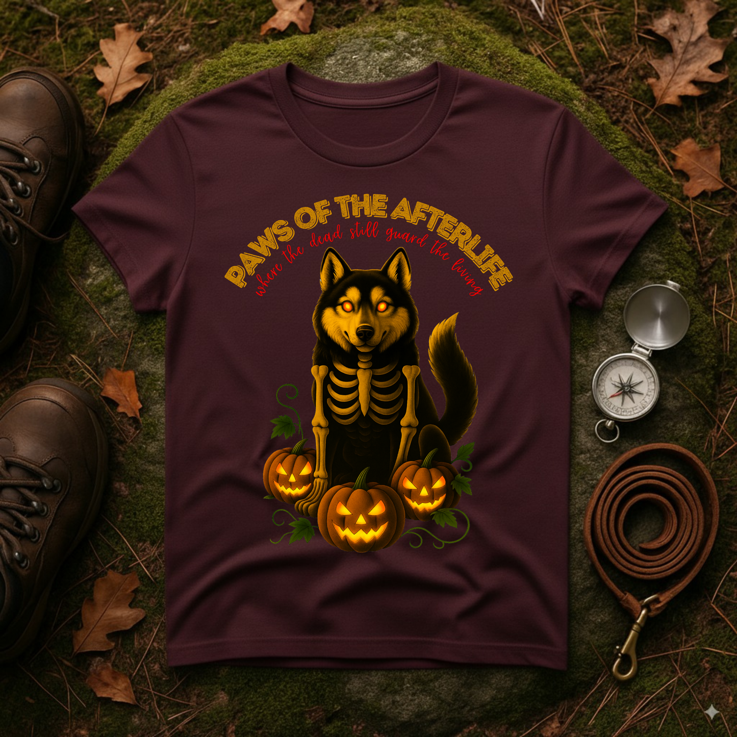 Paws of the Afterlife Husky Skeleton Halloween T-Shirt
