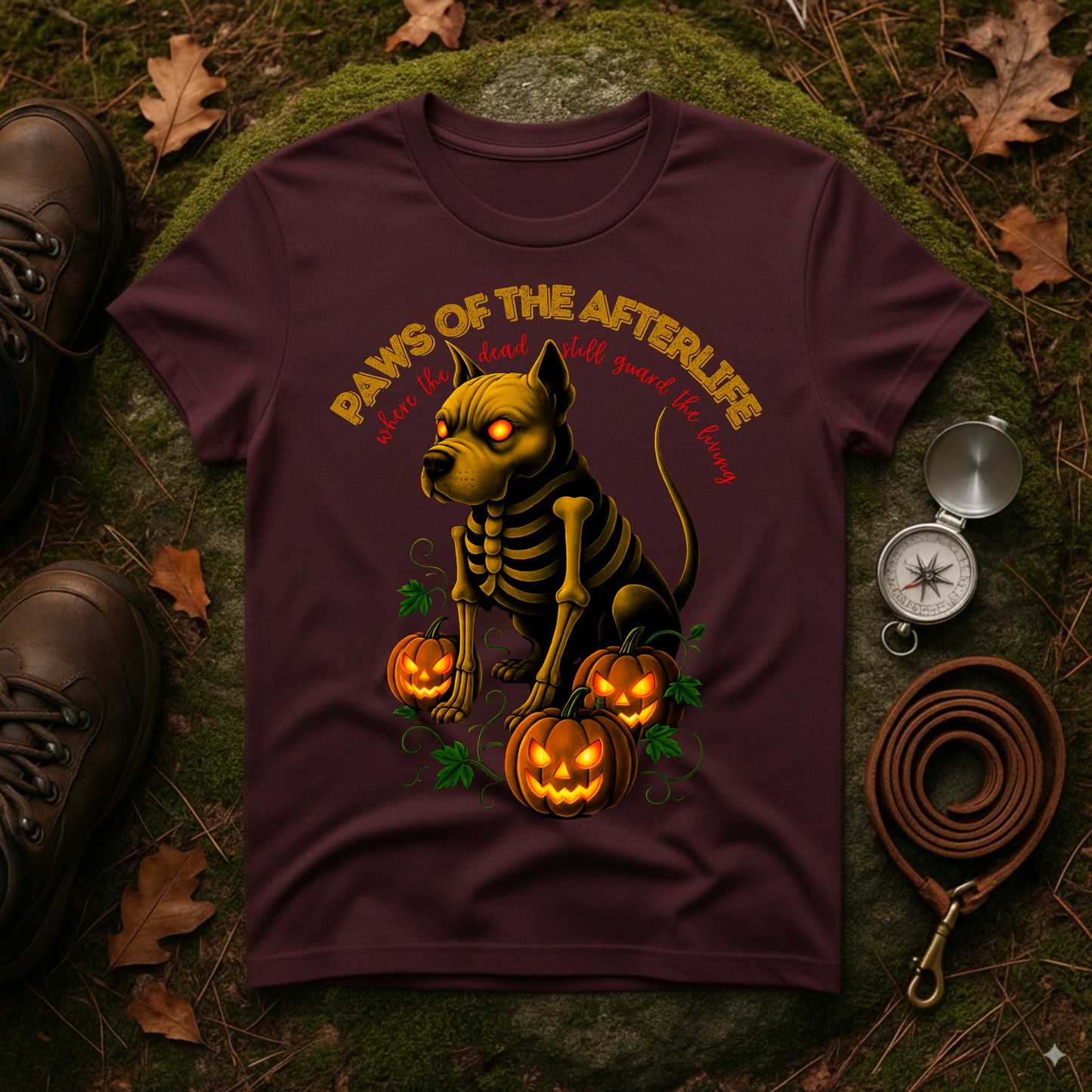 Paws of the Afterlife Pitbull Skeleton Halloween T-Shirt