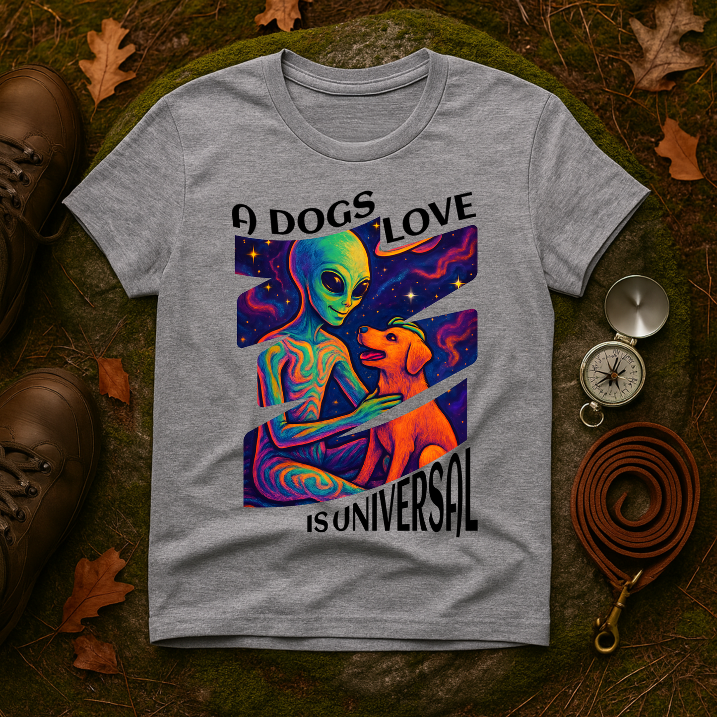 Universal Love Graphic Tee, Alien Dog Lover Shirt, Gift for Dog Owners, Unique Unisex T-Shirt, Fun Casual Wear, Cosmic Pets Apparel
