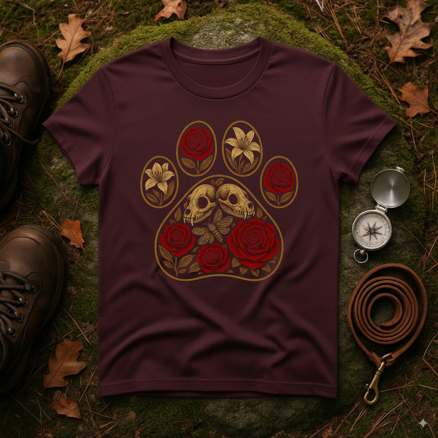 Gothic Paw Print T-Shirt | Skulls and Red Roses Dog Tee