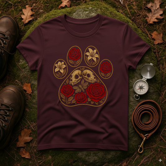 Gothic Paw Print T-Shirt | Skulls and Red Roses Dog Tee
