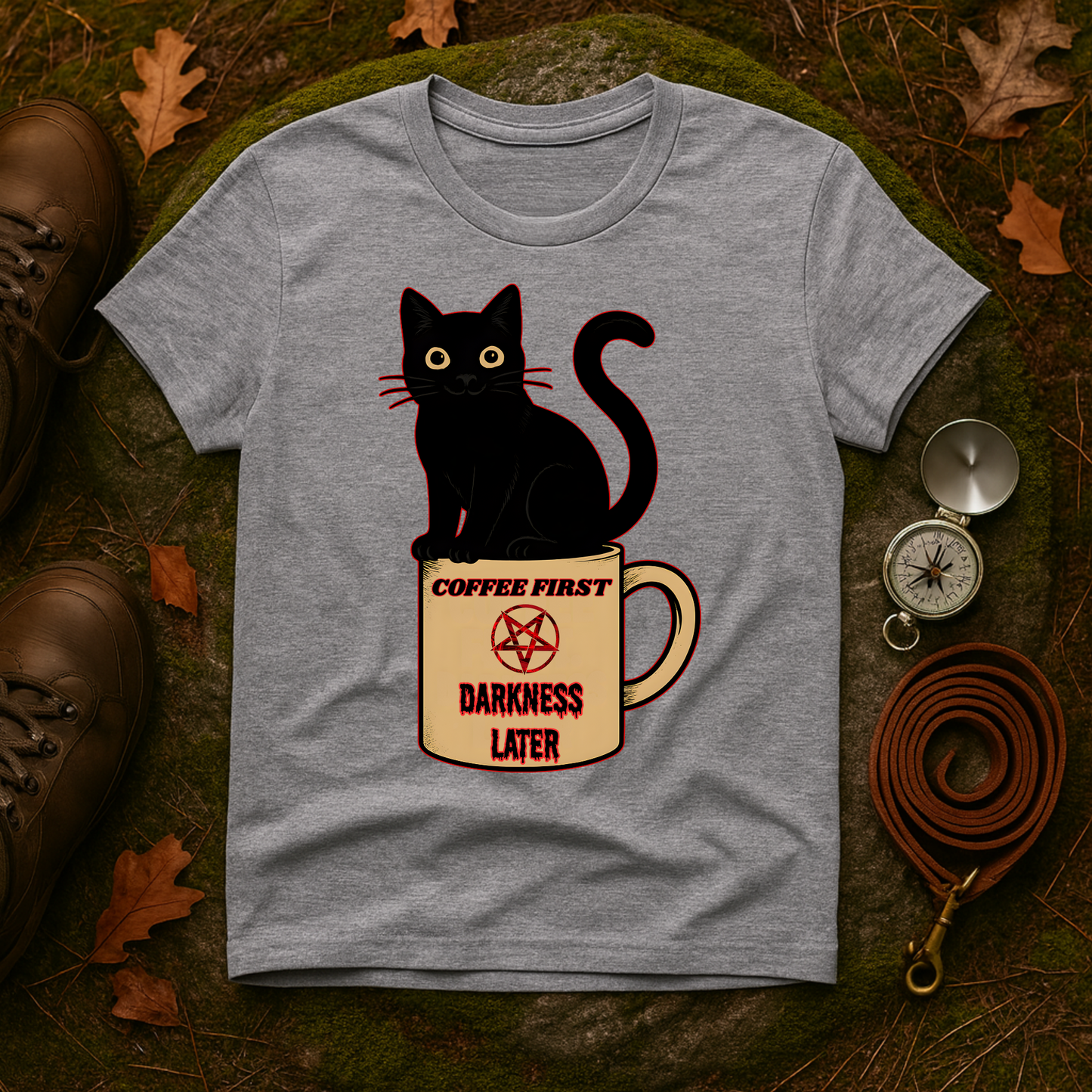 Coffee First, Darkness Later Cat T-Shirt, Unisex Tee for Cat Lovers, Perfect Gift for Halloween, Casual Wear, Comfortable Cotton Tee
