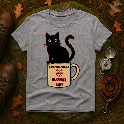 Coffee First, Darkness Later Cat T-Shirt, Unisex Tee for Cat Lovers, Perfect Gift for Halloween, Casual Wear, Comfortable Cotton Tee