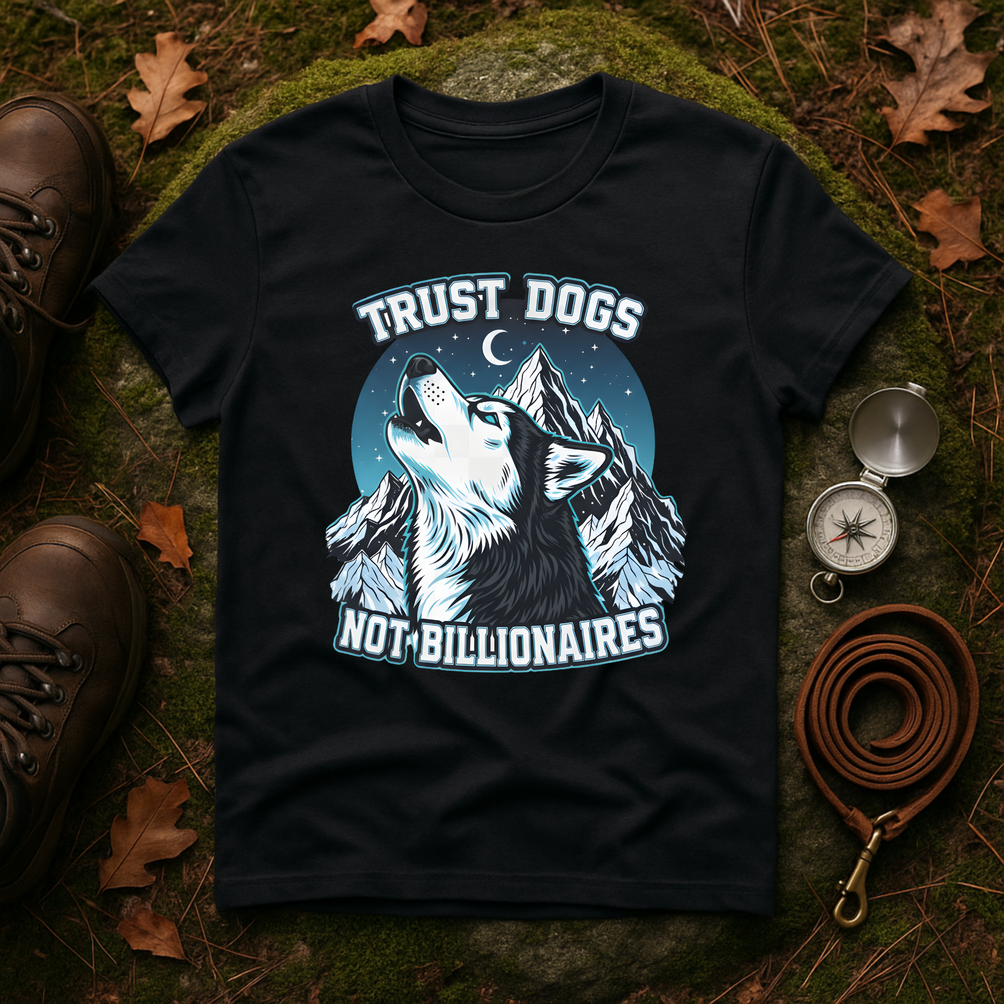 Trust Dogs Not Billionaires Husky Mountain T-Shirt