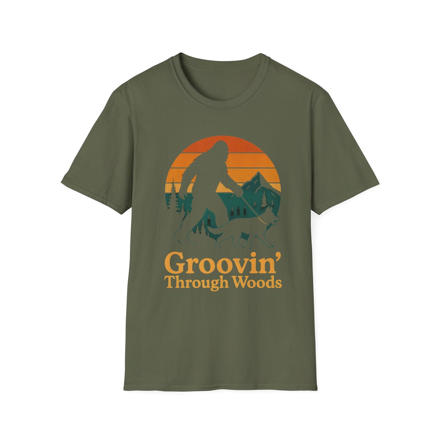 Bigfoot Walking Dog T-Shirt Funny Hiking Pet Lover Tee, Nature Lover Gift, Outdoor Enthusiast Apparel, Groovin' Through Woods Shirt