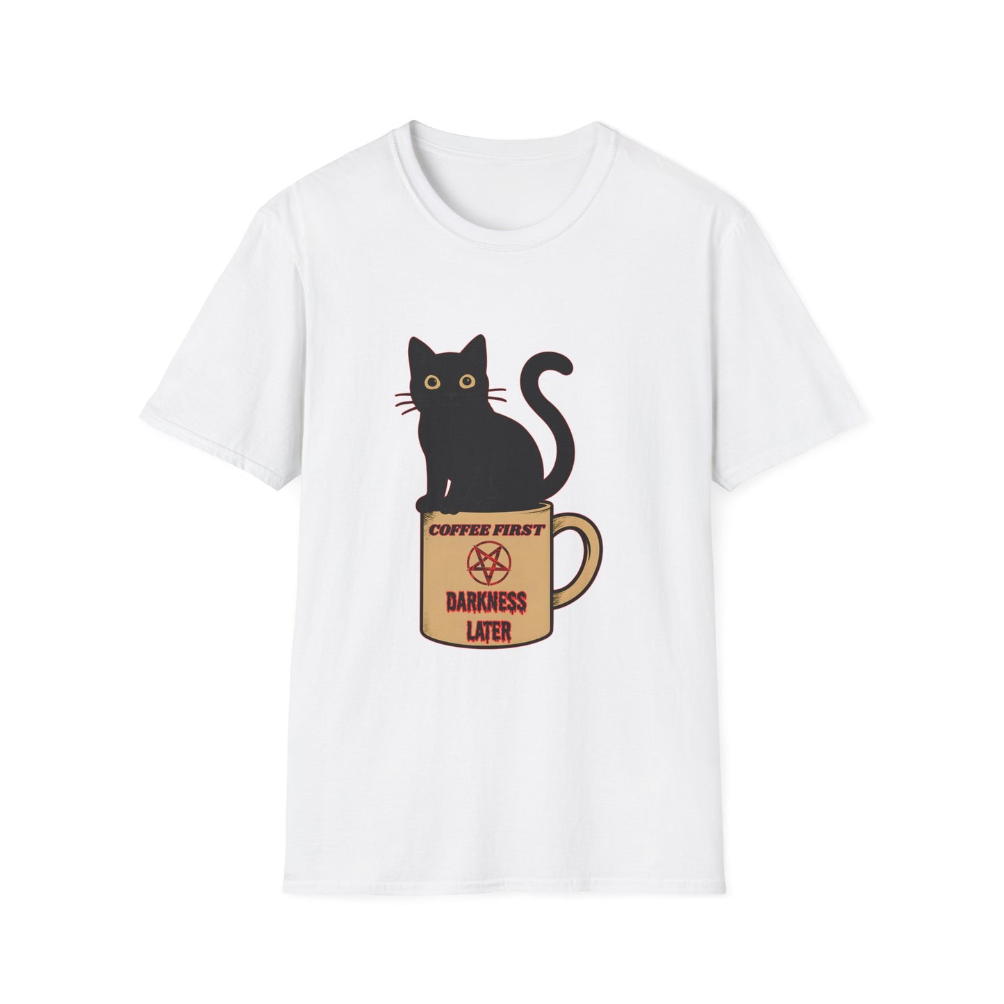 Coffee First, Darkness Later Cat T-Shirt, Unisex Tee for Cat Lovers, Perfect Gift for Halloween, Casual Wear, Comfortable Cotton Tee