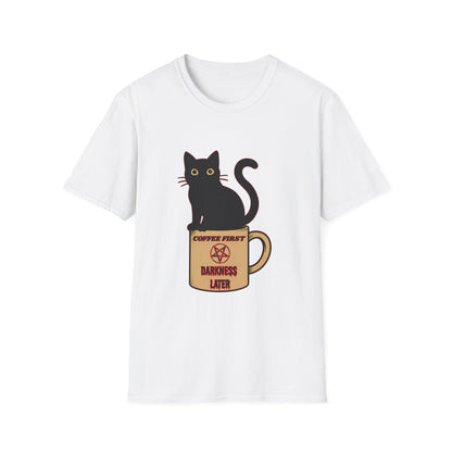 Coffee First, Darkness Later Cat T-Shirt, Unisex Tee for Cat Lovers, Perfect Gift for Halloween, Casual Wear, Comfortable Cotton Tee
