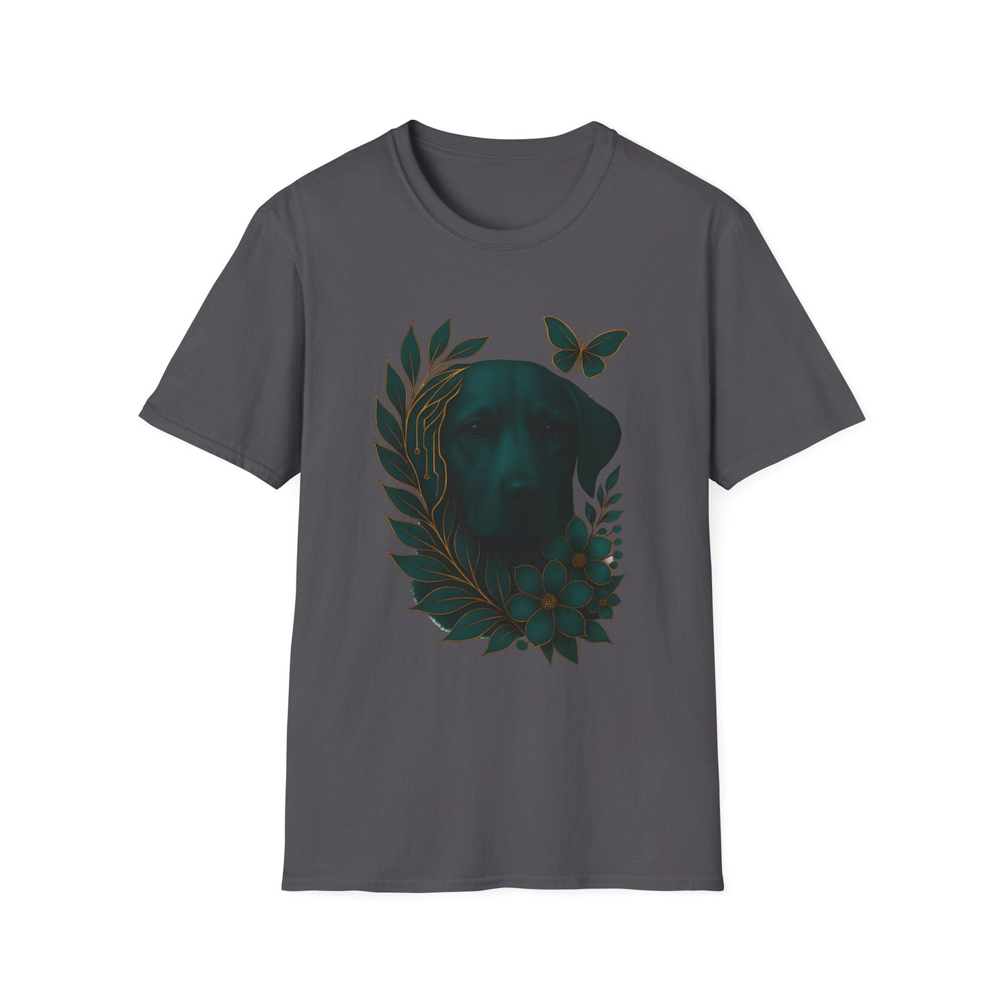 Cyber Floral Dog Silhouette T-Shirt - Unisex Softstyle Tee, Pet Lover Gift, Nature-Inspired Apparel, Casual Wear, Birthday Gift, Spring Fashion