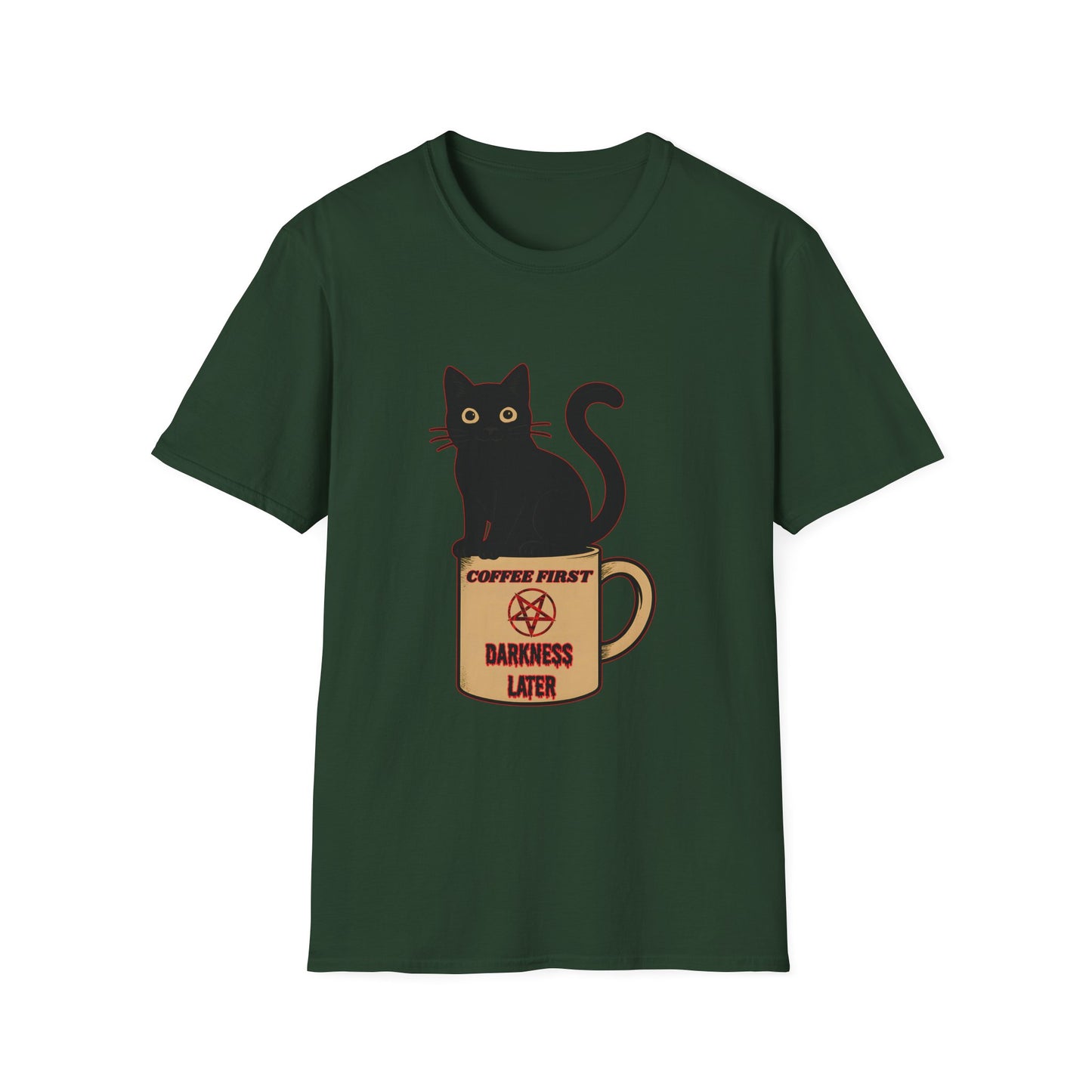 Coffee First, Darkness Later Cat T-Shirt, Unisex Tee for Cat Lovers, Perfect Gift for Halloween, Casual Wear, Comfortable Cotton Tee