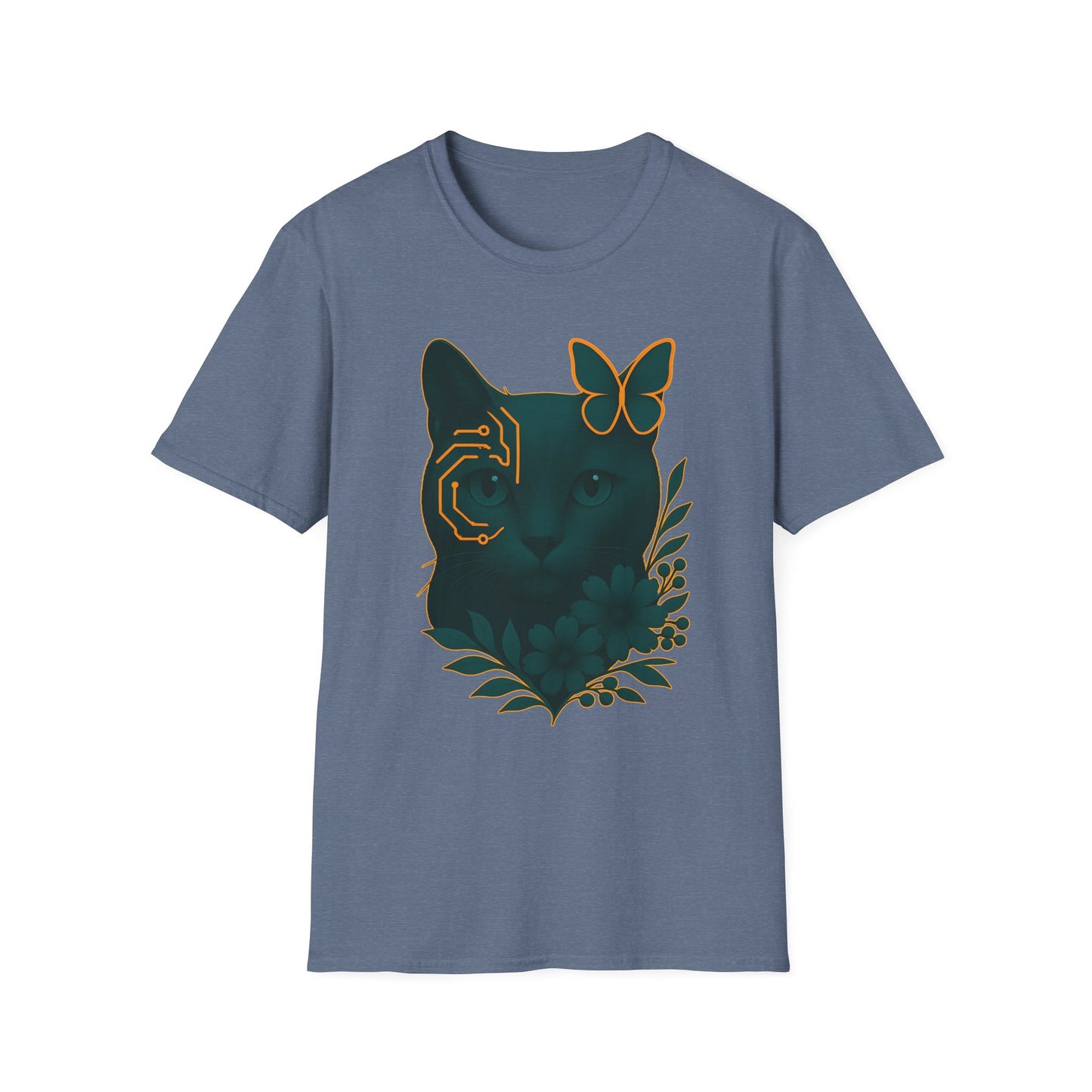 Cyber Floral Cat T-Shirt – Futuristic Cat Lover Tee, Nature Inspired Tee, Animal Print Shirt, Butterfly Art Design