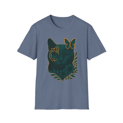 Cyber Floral Cat T-Shirt – Futuristic Cat Lover Tee, Nature Inspired Tee, Animal Print Shirt, Butterfly Art Design
