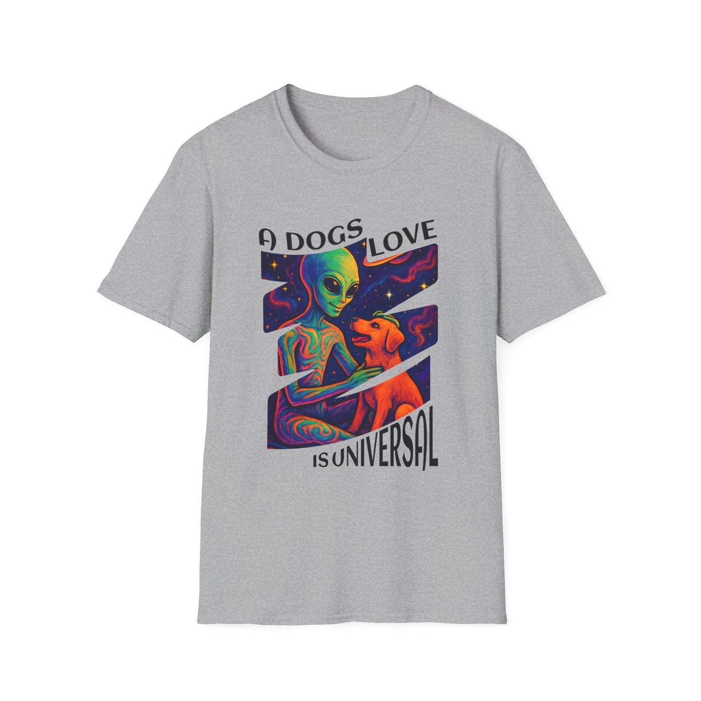 Universal Love Graphic Tee, Alien Dog Lover Shirt, Gift for Dog Owners, Unique Unisex T-Shirt, Fun Casual Wear, Cosmic Pets Apparel