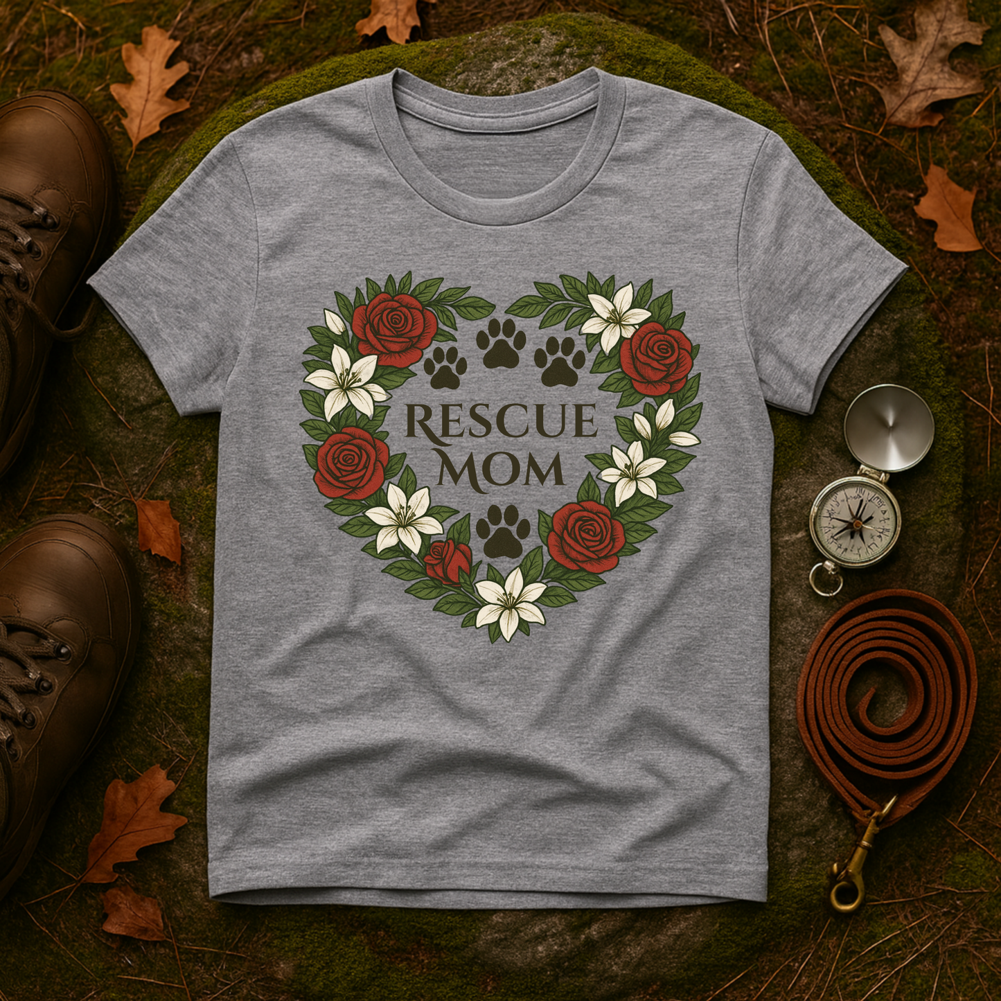Rescue Mom Floral Paw Print Dog Lover T-Shirt