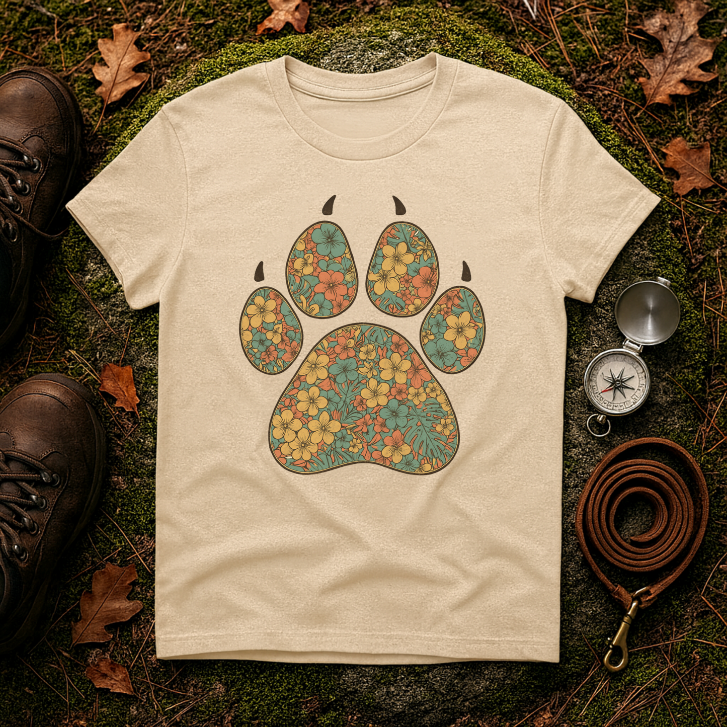 Vintage Tropical Floral Paw Print T-Shirt | Dog Lover Graphic Tee