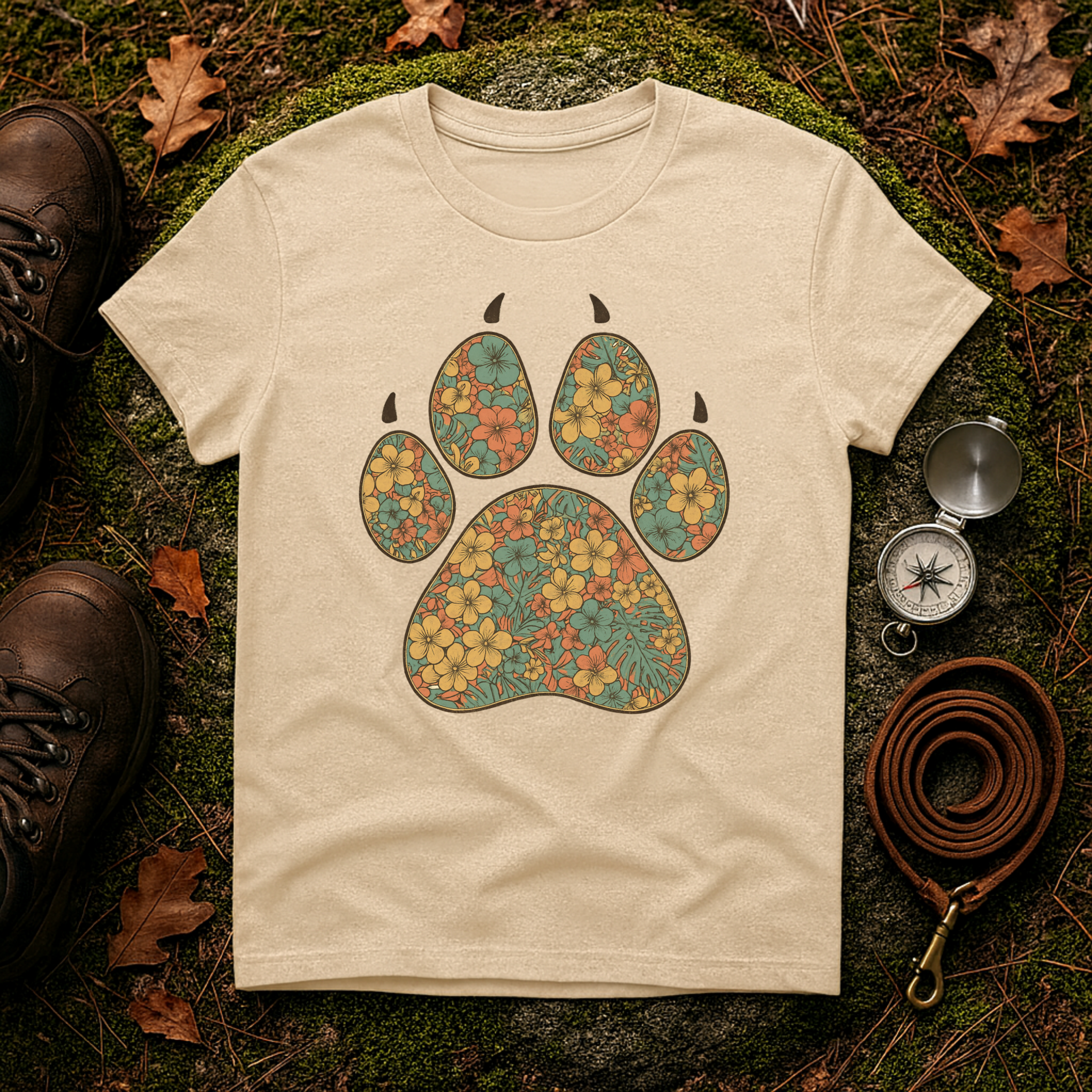 Vintage Tropical Floral Paw Print T-Shirt
