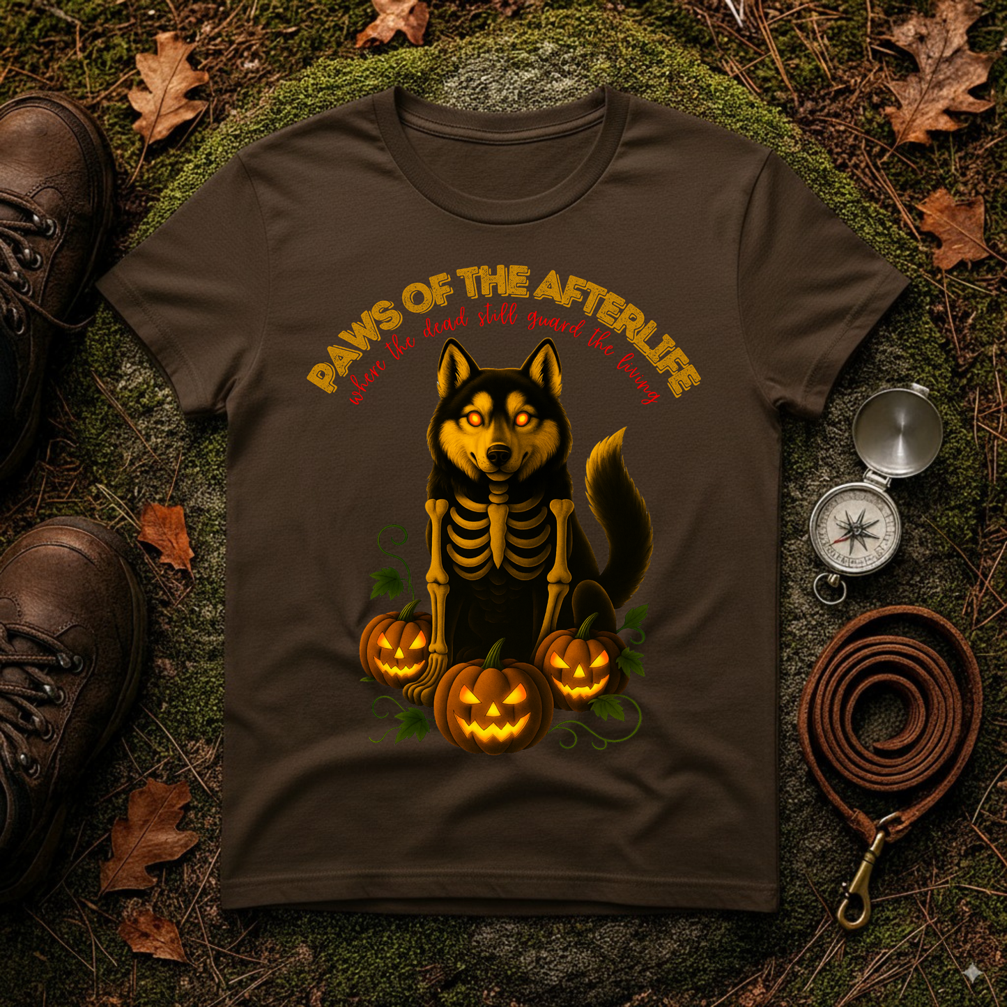 Paws of the Afterlife Husky Skeleton Halloween T-Shirt