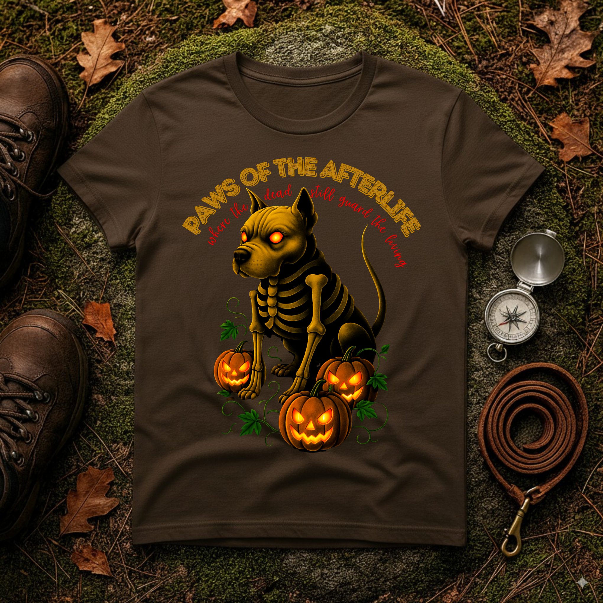 Paws of the Afterlife Pitbull Skeleton Halloween T-Shirt