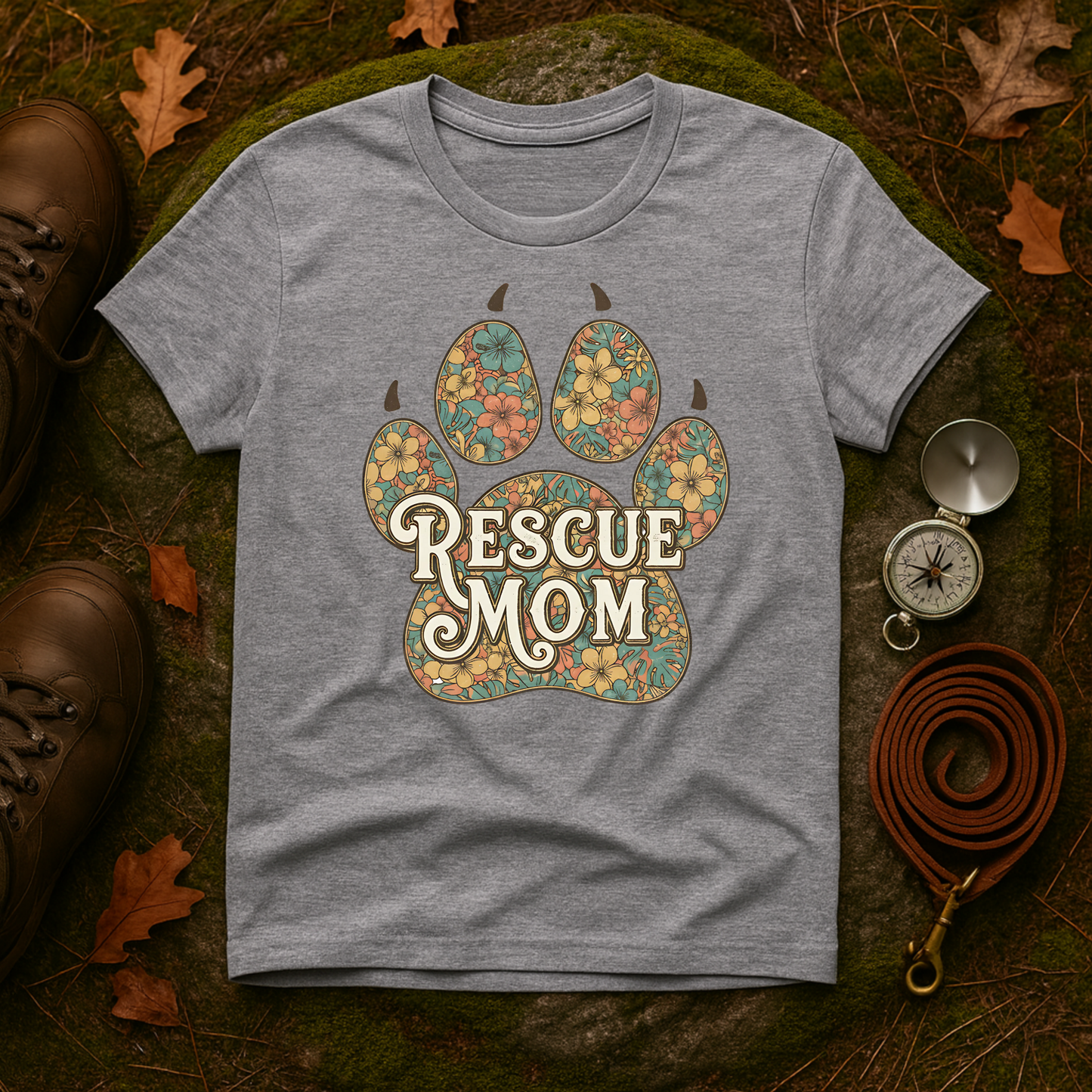 Rescue Mom T-Shirt | Floral Paw Print Dog Lover Tee