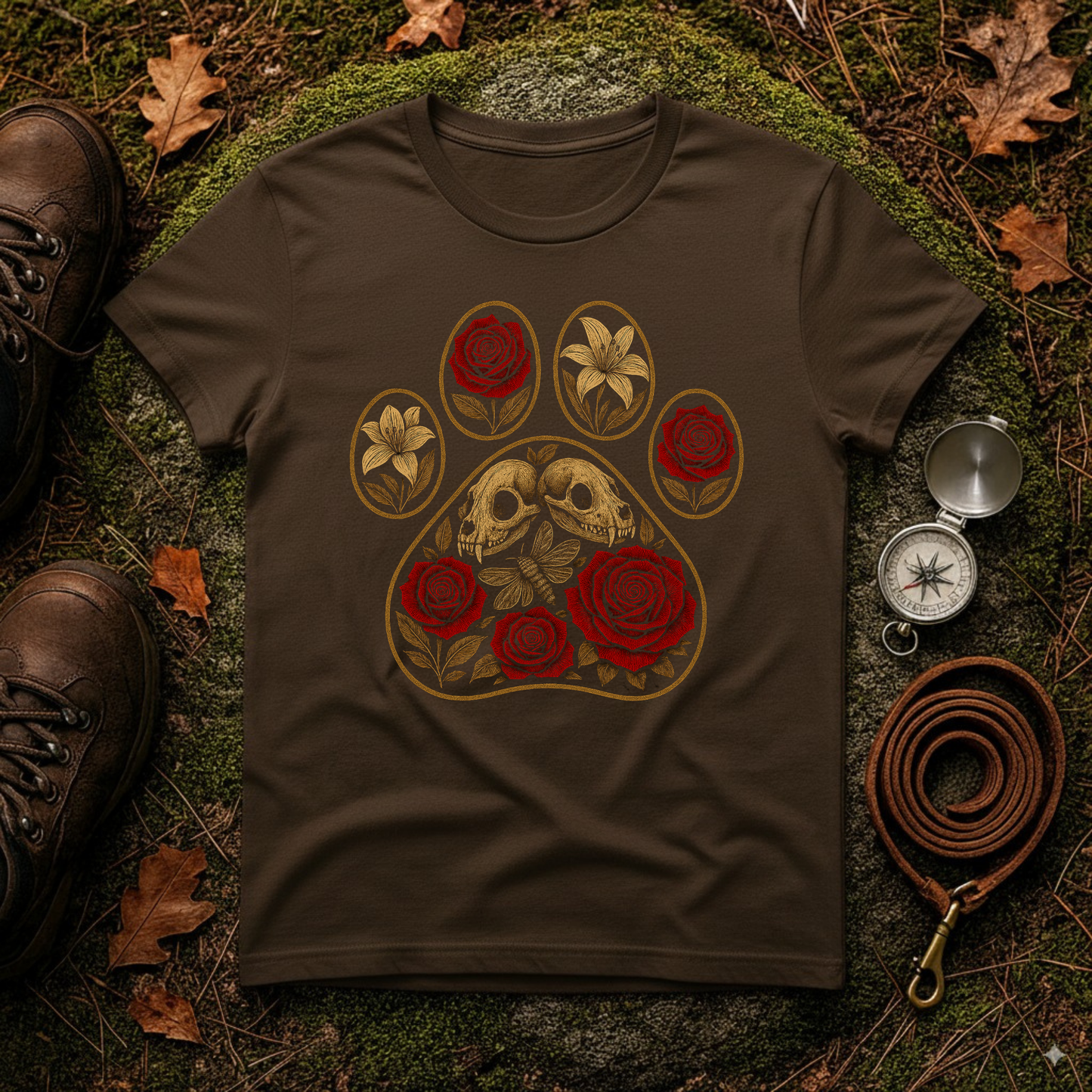 Gothic Paw Print T-Shirt | Skulls and Red Roses Dog Tee