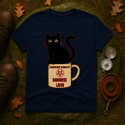 Coffee First, Darkness Later Cat T-Shirt, Unisex Tee for Cat Lovers, Perfect Gift for Halloween, Casual Wear, Comfortable Cotton Tee