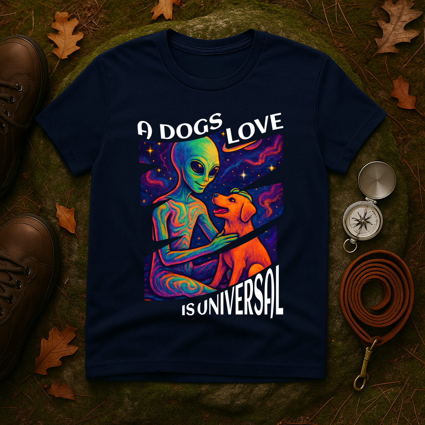 Universal Love Graphic Tee, Alien Dog Lover Shirt, Gift for Dog Owners, Unique Unisex T-Shirt, Fun Casual Wear, Cosmic Pets Apparel