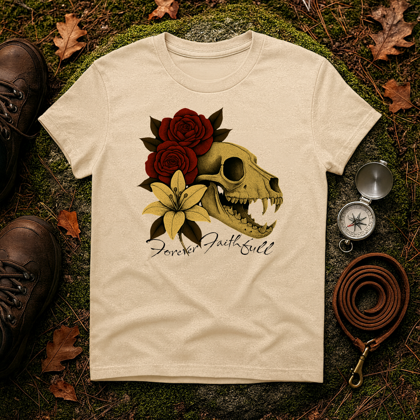 Forever Faithful Dog Skull Floral Gothic T-Shirt