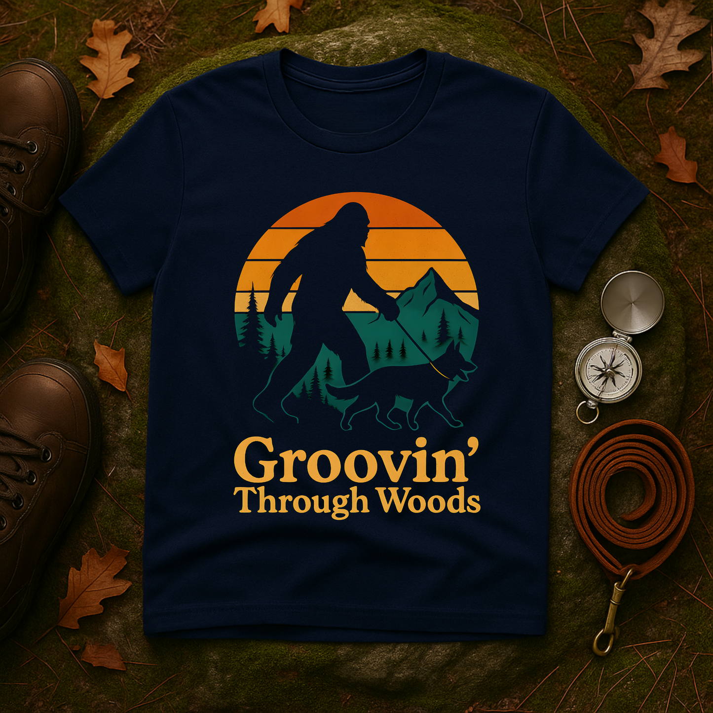 Bigfoot Walking Dog T-Shirt Funny Hiking Pet Lover Tee, Nature Lover Gift, Outdoor Enthusiast Apparel, Groovin' Through Woods Shirt