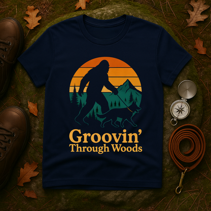 Bigfoot Walking Dog T-Shirt Funny Hiking Pet Lover Tee, Nature Lover Gift, Outdoor Enthusiast Apparel, Groovin' Through Woods Shirt
