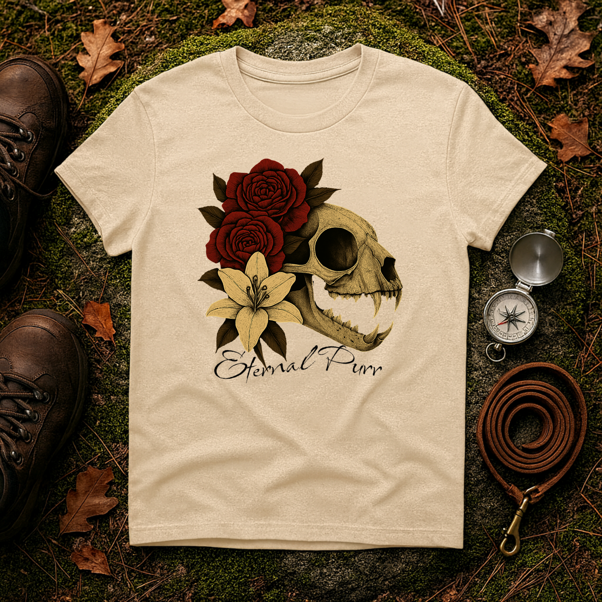 Eternal Purr Cat Skull Gothic Floral T-Shirt