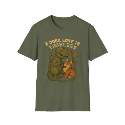 Timeless Love T-Shirt, Cute Dino and Dog Design, Pet Lover Gift, Unisex Apparel, Animal Lover Shirt, Casual Wear, Gift for Dog Owners