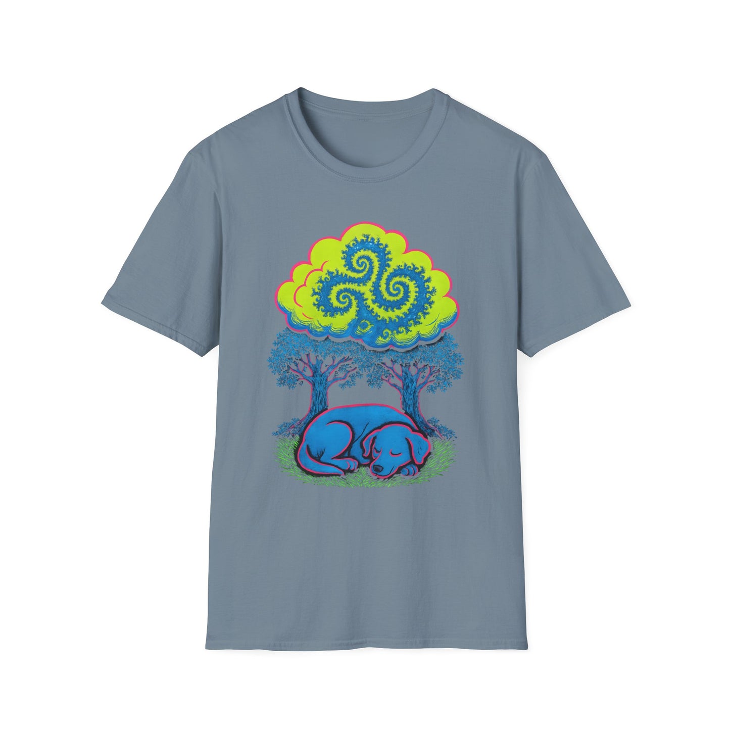 Psychedelic Sleeping Dog T-Shirt with Trippy Fractals, Gift for Nature Lovers, Unisex Tee, Festival Wear, Boho Style, Eco-Friendly Clothing