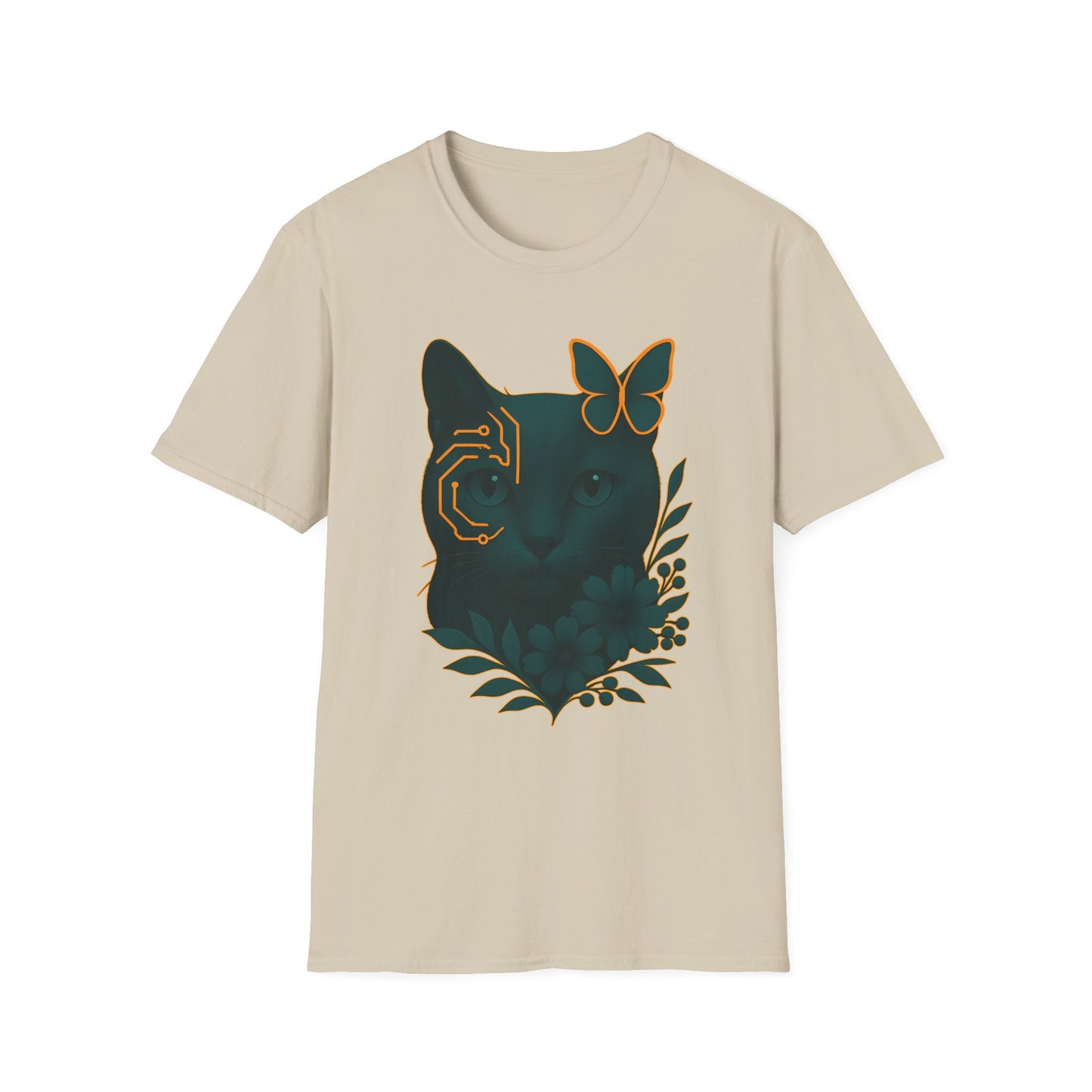 Cyber Floral Cat T-Shirt – Futuristic Cat Lover Tee, Nature Inspired Tee, Animal Print Shirt, Butterfly Art Design