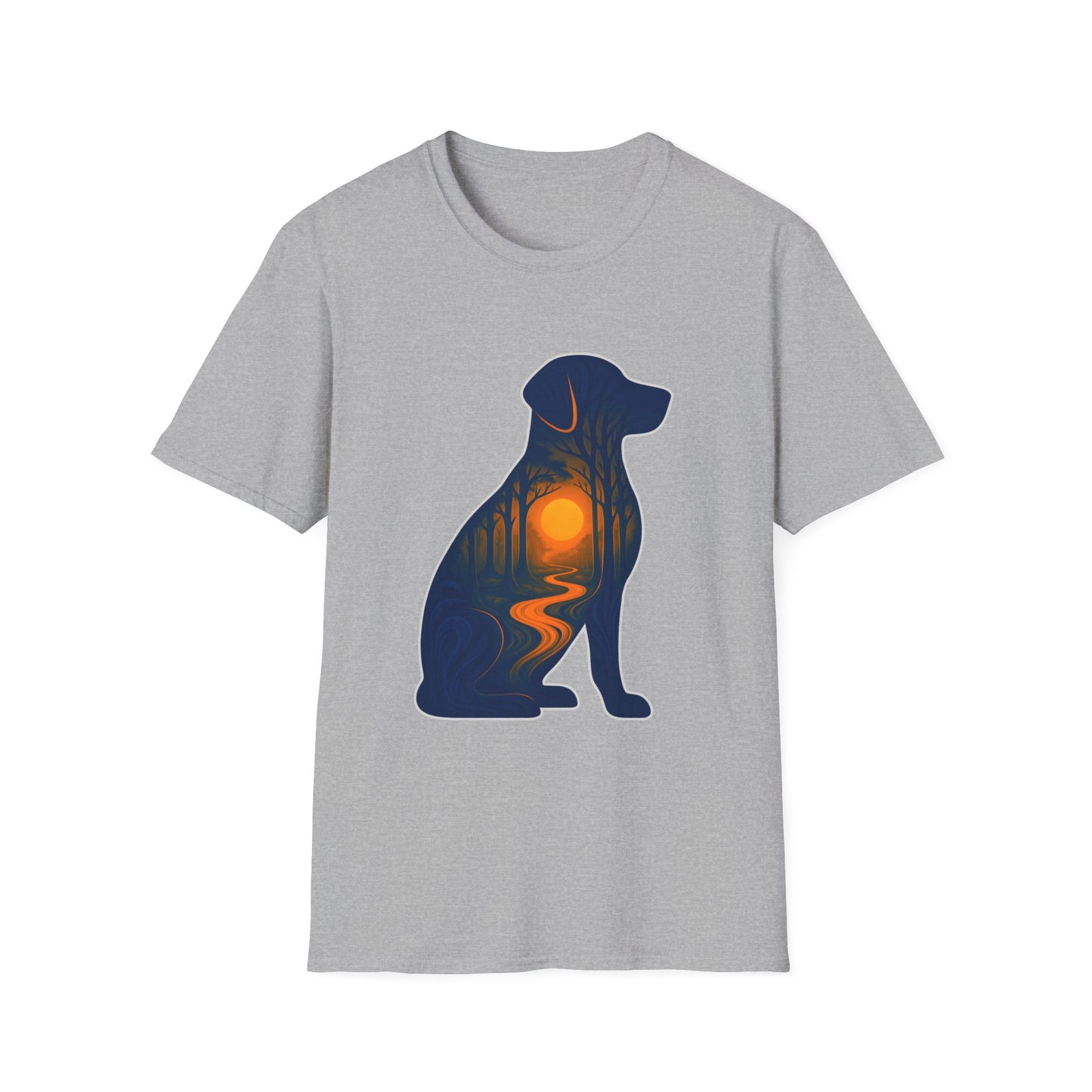 Sunset Dog Silhouette Nature Forest Adventure Unisex Softstyle T-Shirt | Perfect Gift for Pet Lovers, Nature Enthusiasts, Summer Wear, Gift for Dog Owners.