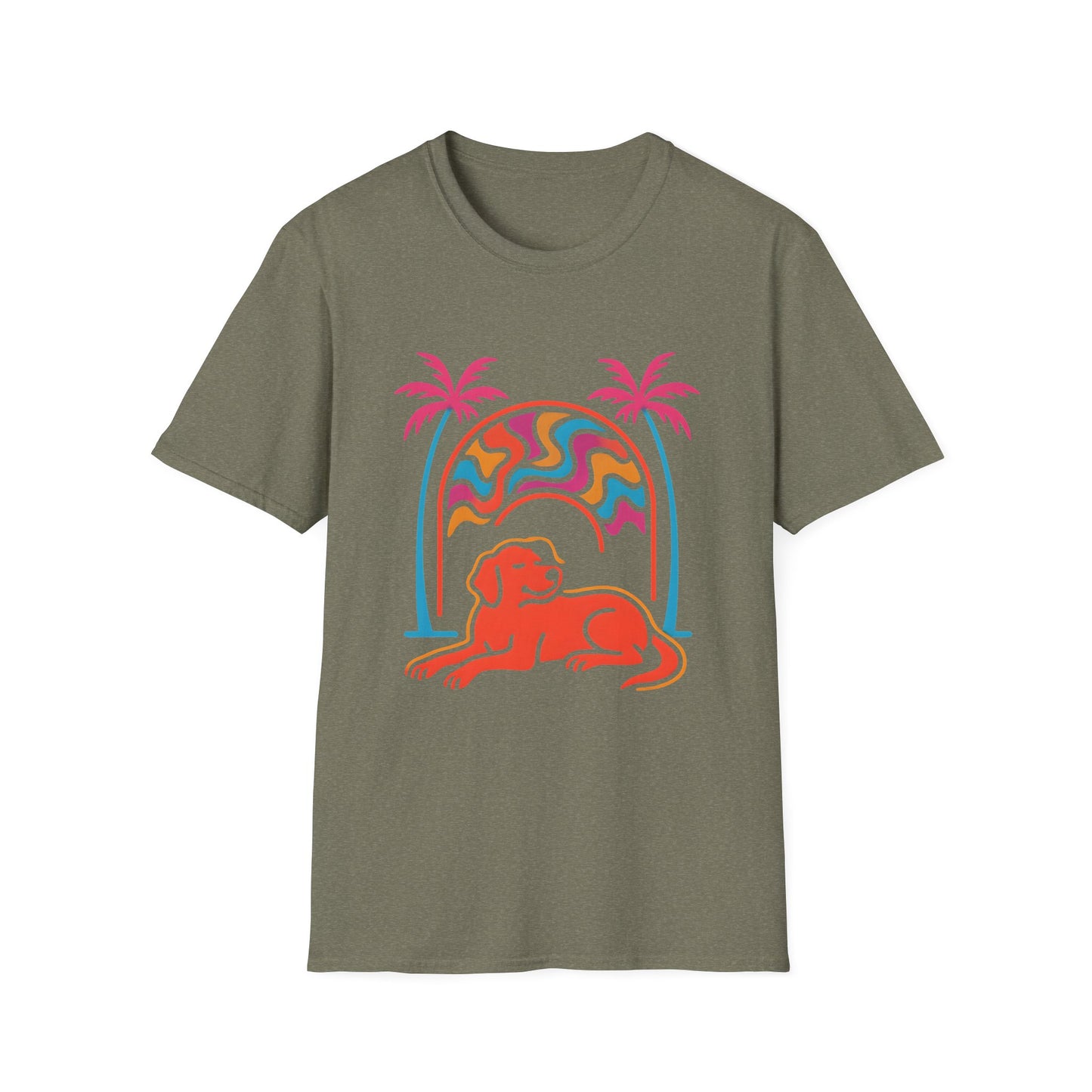 Psychedelic Dog Palm Trees Tee - Retro Sunset