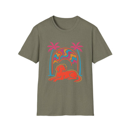 Psychedelic Dog Palm Trees Tee - Retro Sunset
