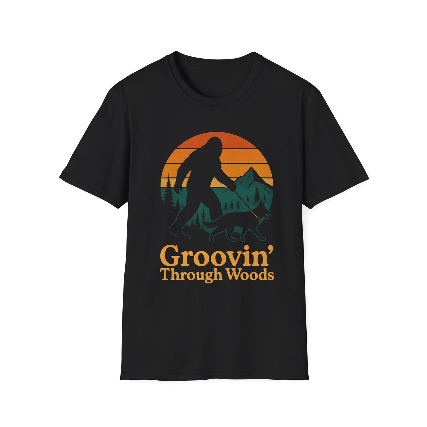 Bigfoot Walking Dog T-Shirt Funny Hiking Pet Lover Tee, Nature Lover Gift, Outdoor Enthusiast Apparel, Groovin' Through Woods Shirt