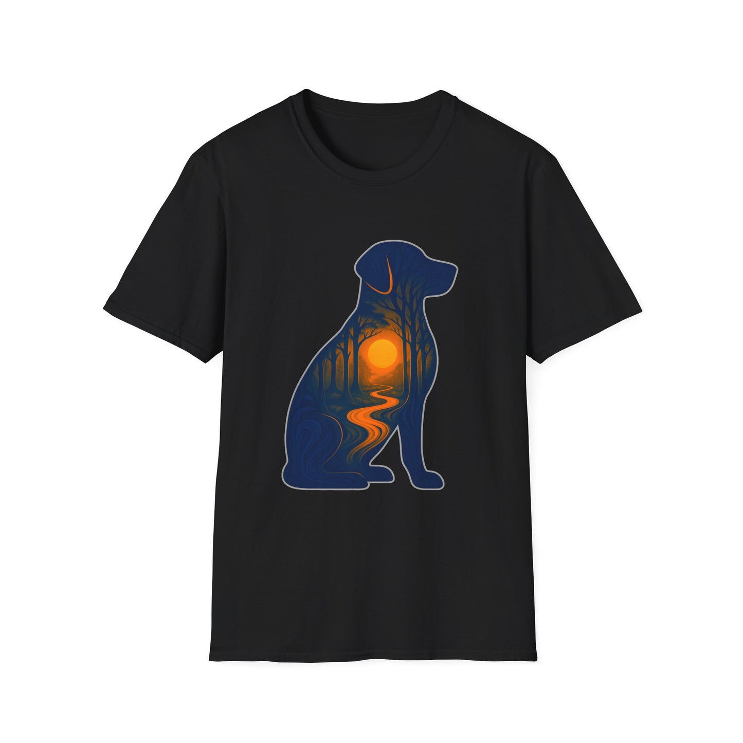 Sunset Dog Silhouette Nature Forest Adventure Unisex Softstyle T-Shirt | Perfect Gift for Pet Lovers, Nature Enthusiasts, Summer Wear, Gift for Dog Owners.