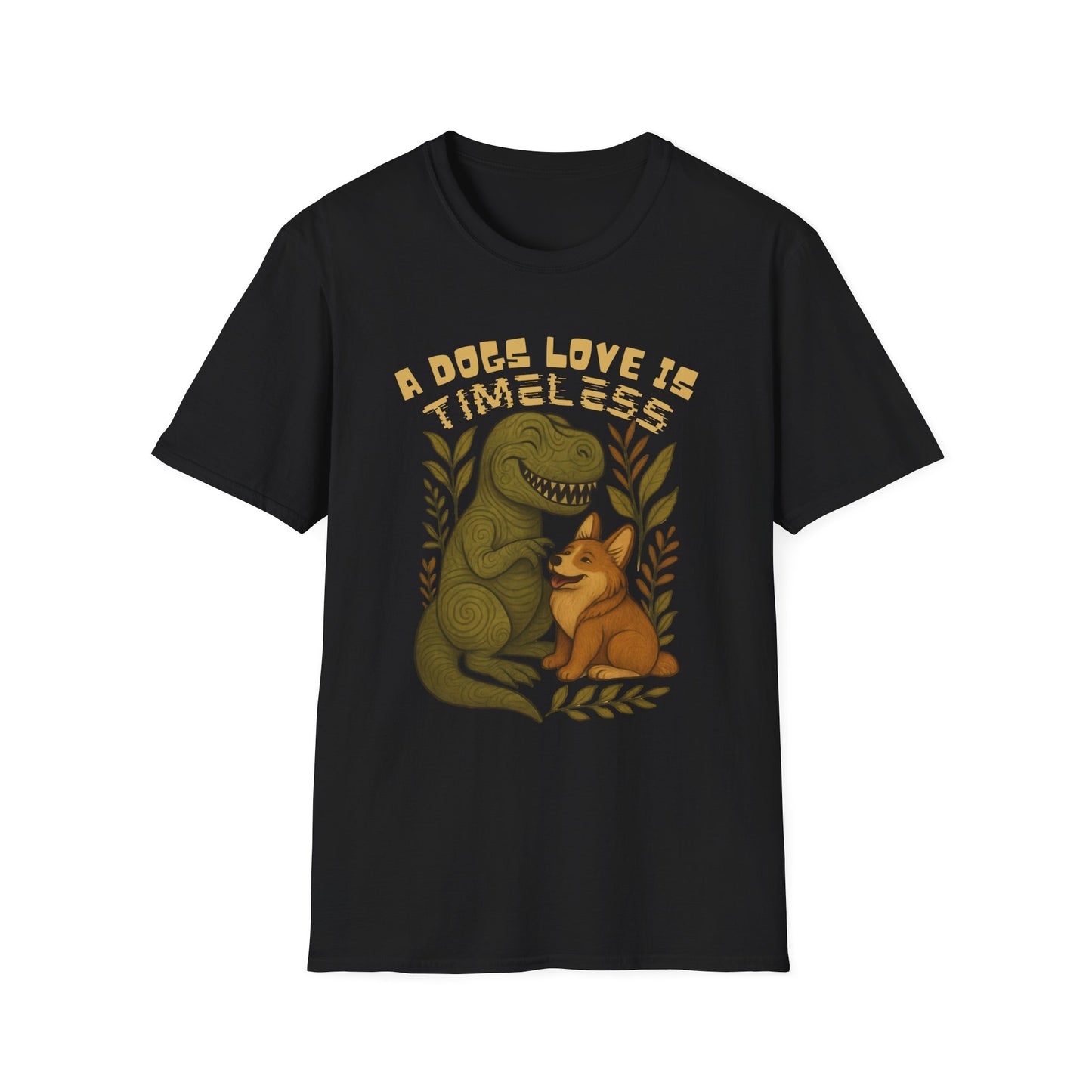 Timeless Love T-Shirt, Cute Dino and Dog Design, Pet Lover Gift, Unisex Apparel, Animal Lover Shirt, Casual Wear, Gift for Dog Owners