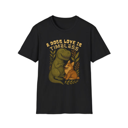 Timeless Love T-Shirt, Cute Dino and Dog Design, Pet Lover Gift, Unisex Apparel, Animal Lover Shirt, Casual Wear, Gift for Dog Owners