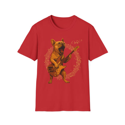 Rocking French Bulldog Unisex T-Shirt, Dog Lover Gift, Music Tee, Funny Graphic Shirt, Pet Themed Apparel