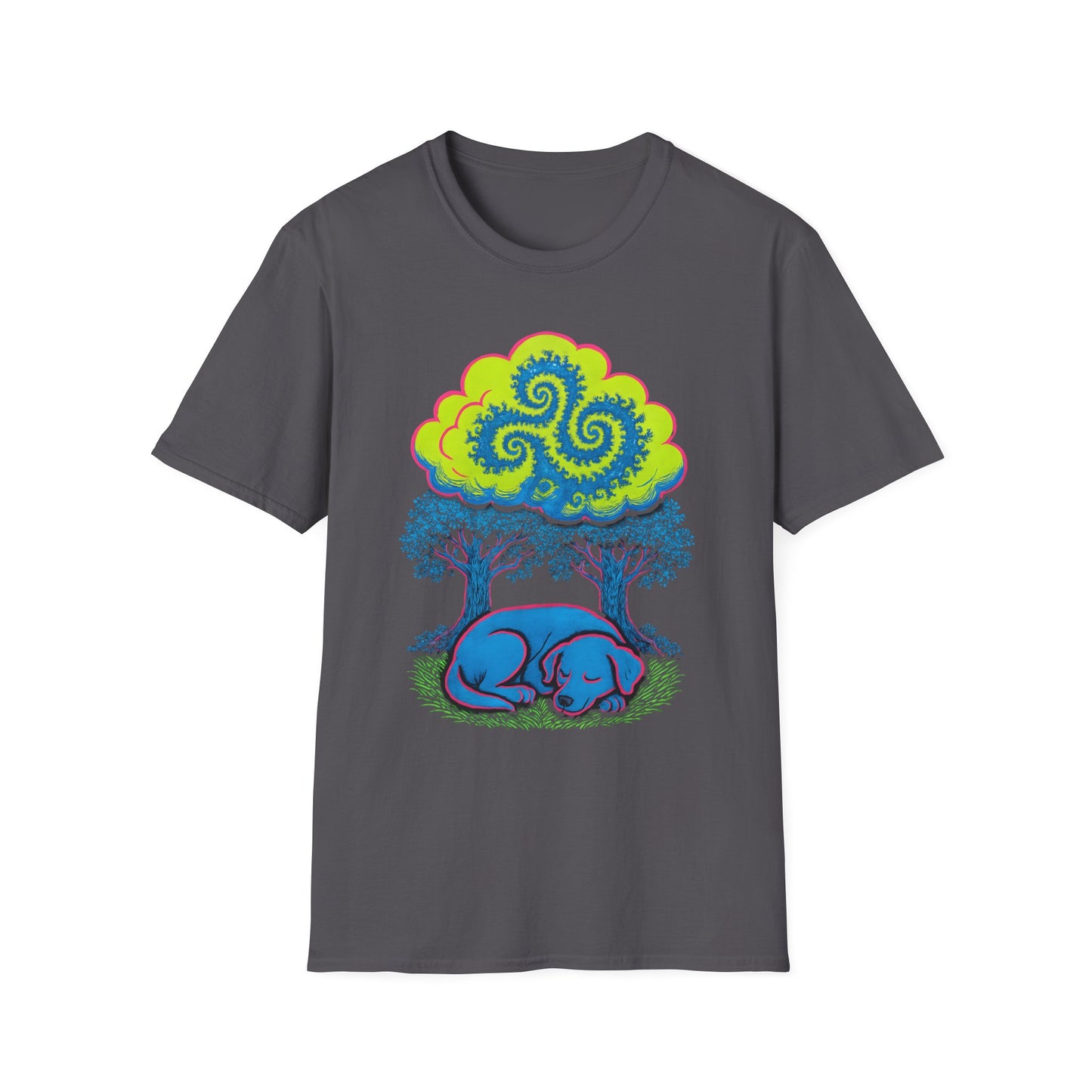 Psychedelic Sleeping Dog T-Shirt with Trippy Fractals, Gift for Nature Lovers, Unisex Tee, Festival Wear, Boho Style, Eco-Friendly Clothing