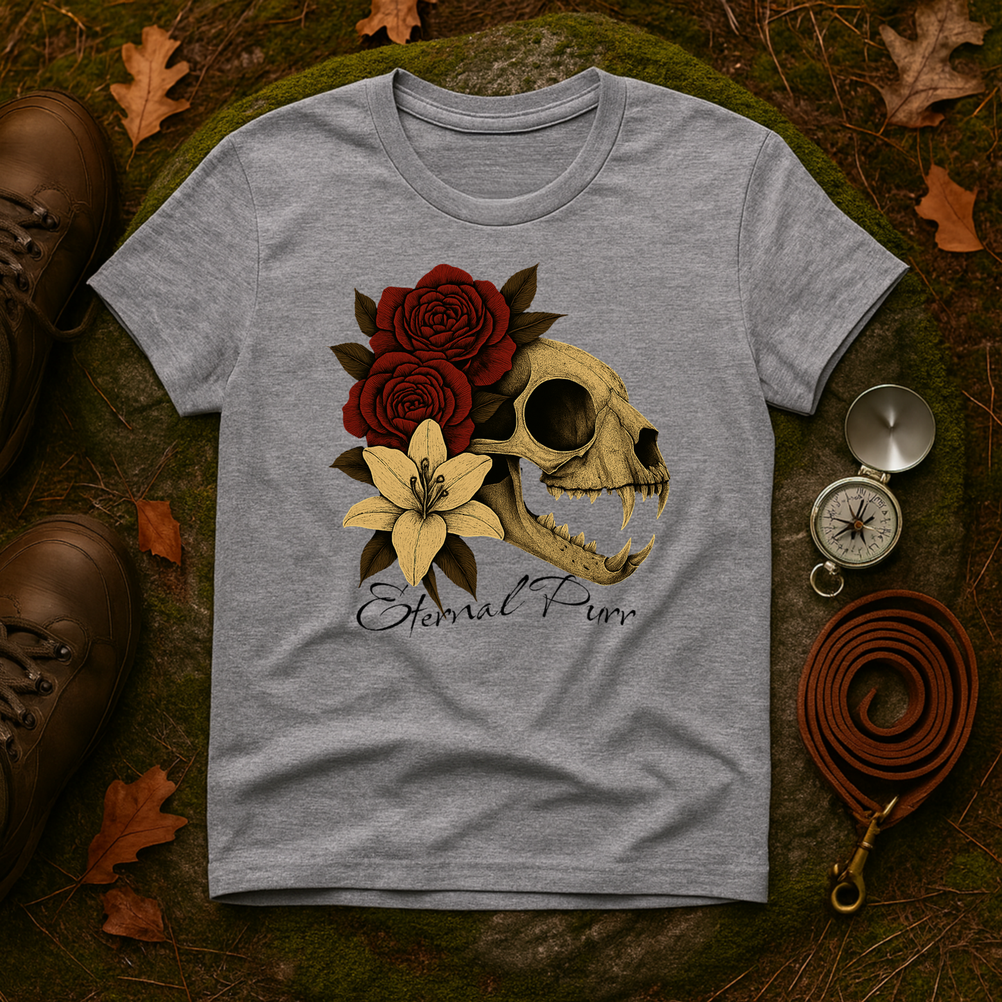 Eternal Purr Cat Skull Gothic Floral T-Shirt